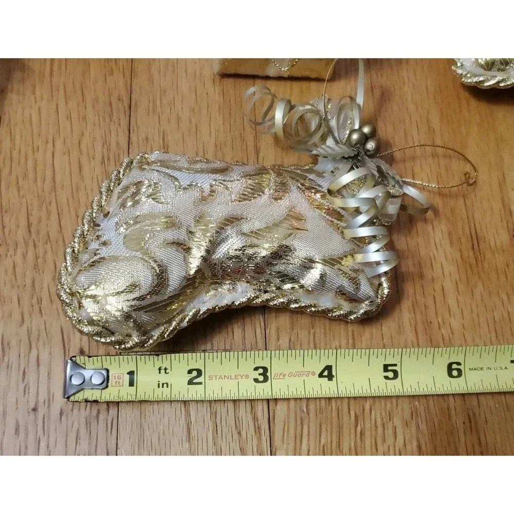 Vintage Christmas Fabric Ornaments Hearts Stars Stockings Set of 8 Gold